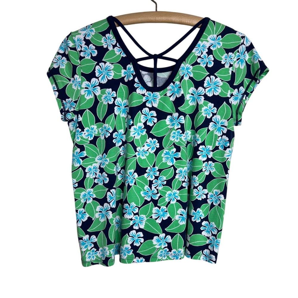 Talbots T by Talbots Top Womens MP Blue Green Floral Strappy Back Activewear E02 - Picture 2 of 14